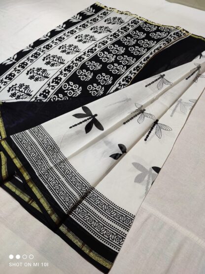 Original chanderi Handloom black and white hand block printed cotton silk saree with blouse.