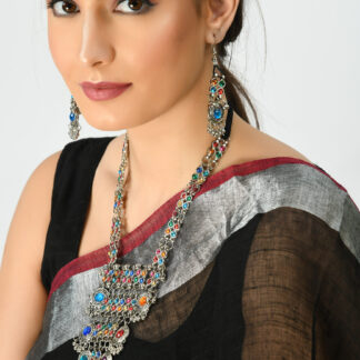 Johar Kamal Silver-Plated Multi Color Kundan Necklace with Earrings Jkms_109