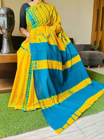 Yellow pure cotton Beautiful Handblock printed  mulmul sarees with blouse piece.