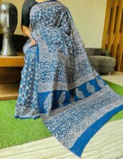Blue pure cotton Beautiful Handblock printed  mulmul sarees with blouse piece.
