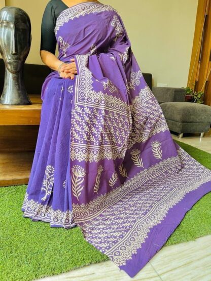 Purple pure cotton Beautiful Handblock printed mulmul sarees with blouse piece.
