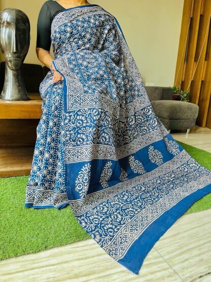 Blue pure cotton Beautiful Handblock printed  mulmul sarees with blouse piece.
