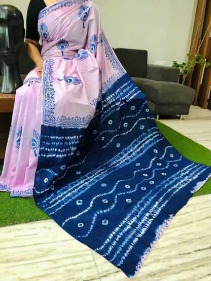 BabyPink pure cotton Beautiful Handblock printed  mulmul sarees with blouse piece.
