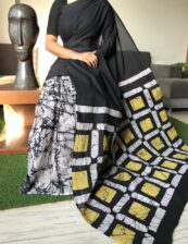 Black Beautiful Handblock printed pure cotton mulmul sarees with blouse piece.