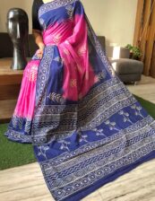 Pink Beautiful Handblock printed pure cotton mulmul sarees with blouse piece.