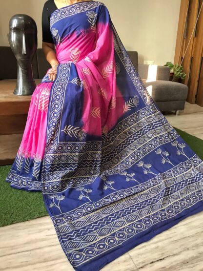 Pink Beautiful Handblock printed pure cotton mulmul sarees with blouse piece.
