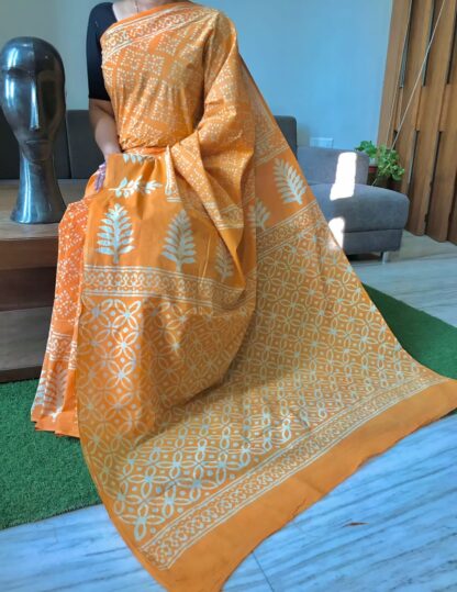 Golden-yellow  Beautiful Handblock printed pure cotton mulmul sarees with blouse piece.