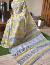 Lime Beautiful Handblock printed pure cotton mulmul sarees with blouse piece.