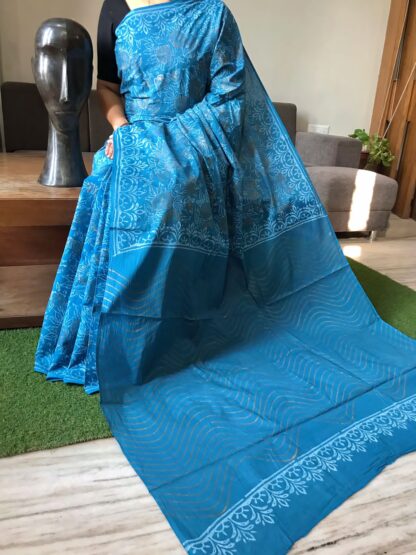 Sky-blue Beautiful Handblock printed pure cotton mulmul sarees with blouse piece.
