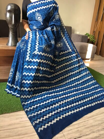 Blue Beautiful Handblock printed pure cotton mulmul sarees with blouse piece.