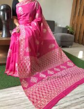 Pink cotton mulmul Beautiful Handblock printed sarees with blouse piece.
