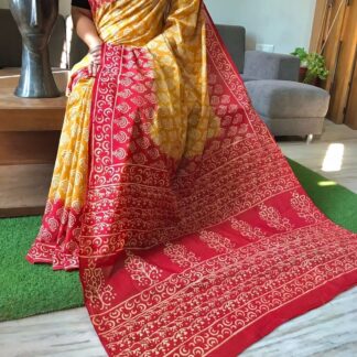 Yellow cotton mulmul Beautiful Handblock printed pure cotton mulmul sarees with blouse piece.