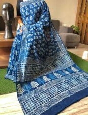 Blue cotton mulmul Beautiful Handblock printed sarees with blouse piece.