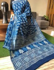 Blue cotton mulmul Beautiful Handblock printed sarees with blouse piece.