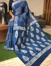 Gryish-blue cotton mulmul  Beautiful Handblock printed sarees with blouse piece.