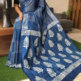 Gryish-blue cotton mulmul  Beautiful Handblock printed sarees with blouse piece.