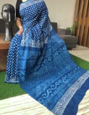Blue cotton mulmul cotton mulmul  Beautiful Handblock printed sarees with blouse piece.