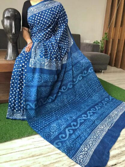 Blue cotton mulmul cotton mulmul  Beautiful Handblock printed sarees with blouse piece.