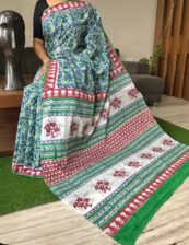 Green cotton mulmul saree Beautiful Handblock printed  sarees with blouse piece.
