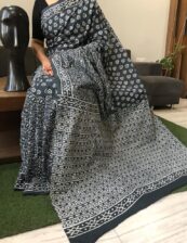 Black cotton mulmul saree  Beautiful Handblock printed sarees with blouse piece.