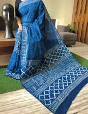 Blue cotton mulmul Beautiful Handblock printed sarees with blouse piece.