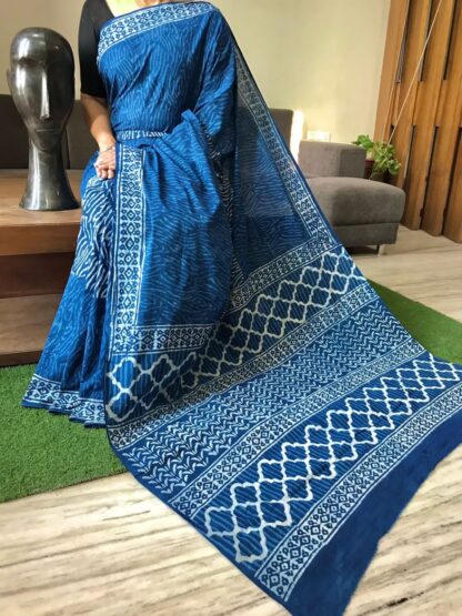 Blue cotton mulmul Beautiful Handblock printed sarees with blouse piece.
