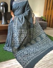 Grey cotton mulmul  Beautiful Handblock printed  sarees with blouse piece.