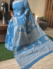 Sky-blue cotton mulmul Beautiful Handblock printed sarees with blouse piece.