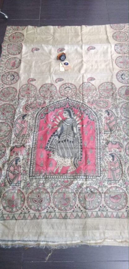 Madhubani hand painted Tussar silk saree