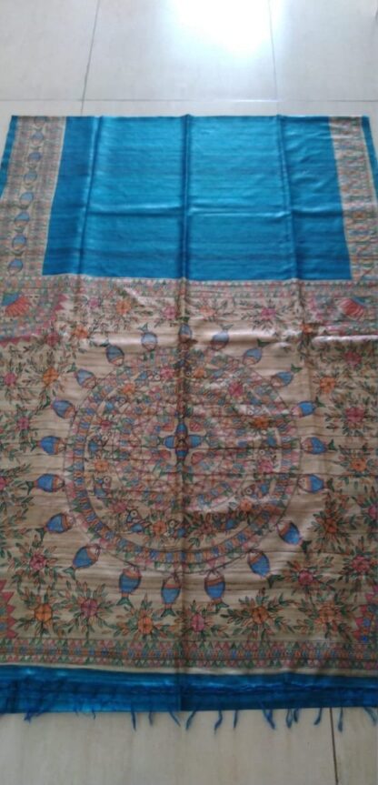 Madhubani hand painted Raw silk saree