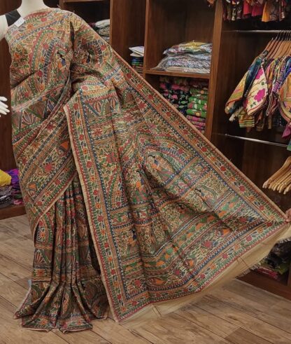 Madhubani hand painted Raw silk saree