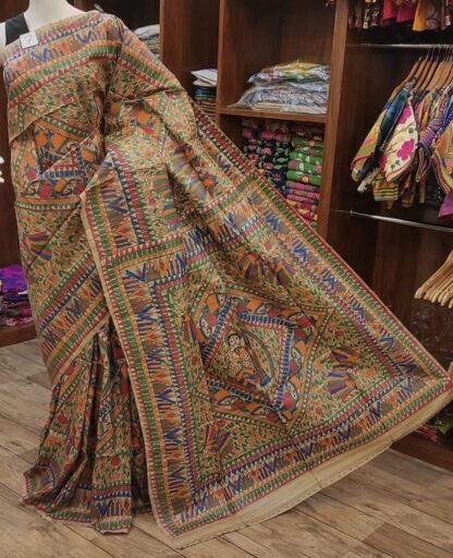 Madhubani hand painted Raw silk saree