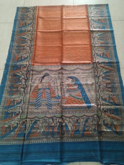 Madhubani printed raw silk saree