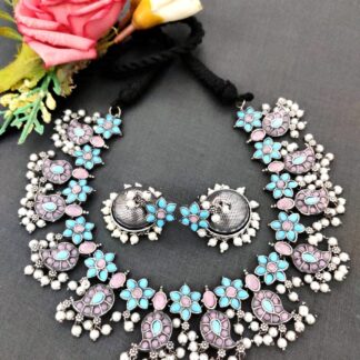 Pink and Sky blue Very Beautiful Stone Necklace Set