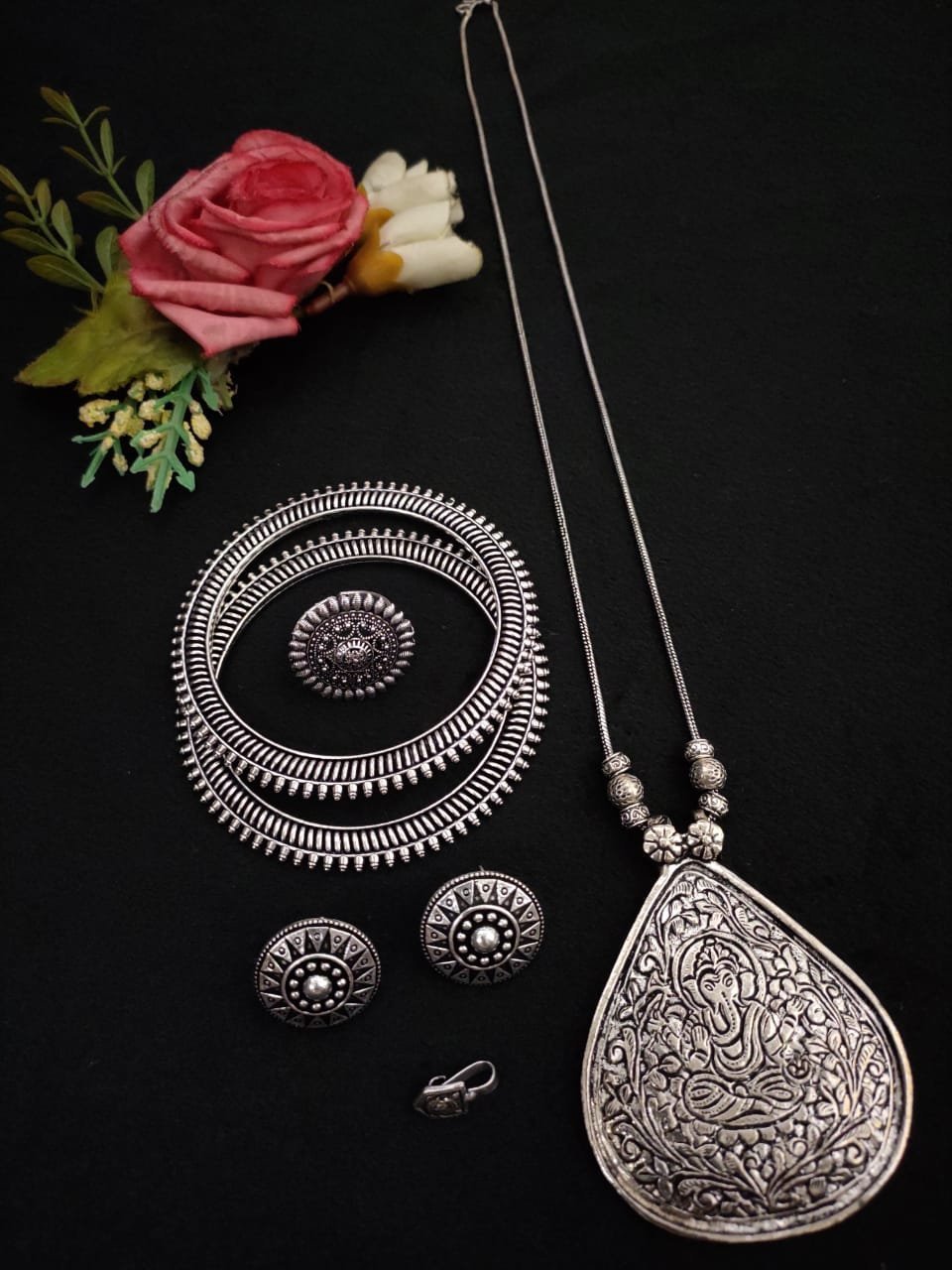 Oxidised Long Chain Necklace combo set-v1 Oxidised Long Chain Necklace combo set-v1