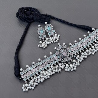 German Silver baby-pinkand sky-blue stone choker set