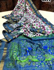 Mulmul cotton Kalamkari  printed Greyish-blue saree
