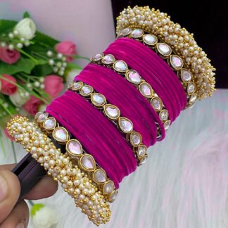 Velvet Bangles with Kundan and Pearl Kada Set