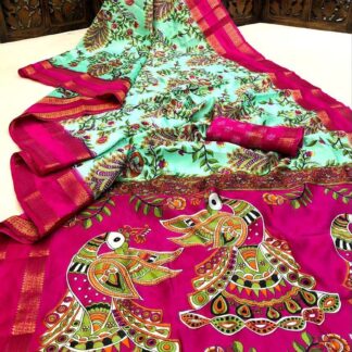 mulmul cotton Kalamkari  printed Sea-green color saree