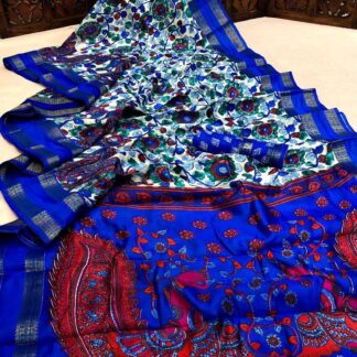 Mulmul cotton Kalamkari  printed Blue color saree