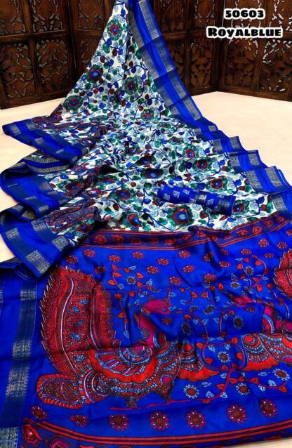 Mulmul cotton Kalamkari  printed Greyish-blue saree