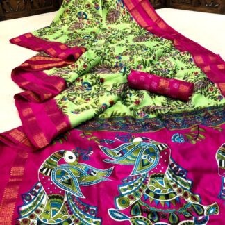 Mulmul cotton Kalamkari printed Light-yellow saree