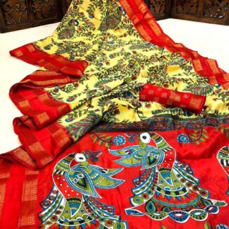 Mulmul cotton Kalamkari printed Yellow color  saree