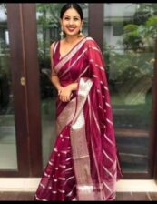 Original chanderi Handloom Maroon color Cora semi silk banarsi saree with blouse.