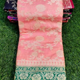 Original semi Georgette Handloom Peach and Green silk saree with blouse.