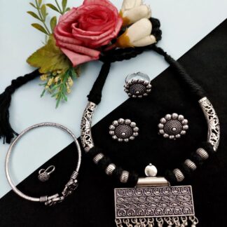 Oxidised Premium Quality  Thread Necklace combo set V-6
