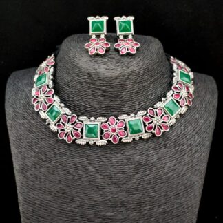Silver look a like Choker  Green and Maroon Set