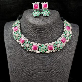 Silver look a like Choker Green and Magenta Set
