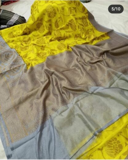 Soft silk party wear dazzling high quality semi dupian Yellow and Grey color saree