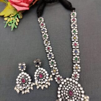 Silver Premium Quality Look a like  White and Multi color Stone Necklace set with Pretty matching Earrings